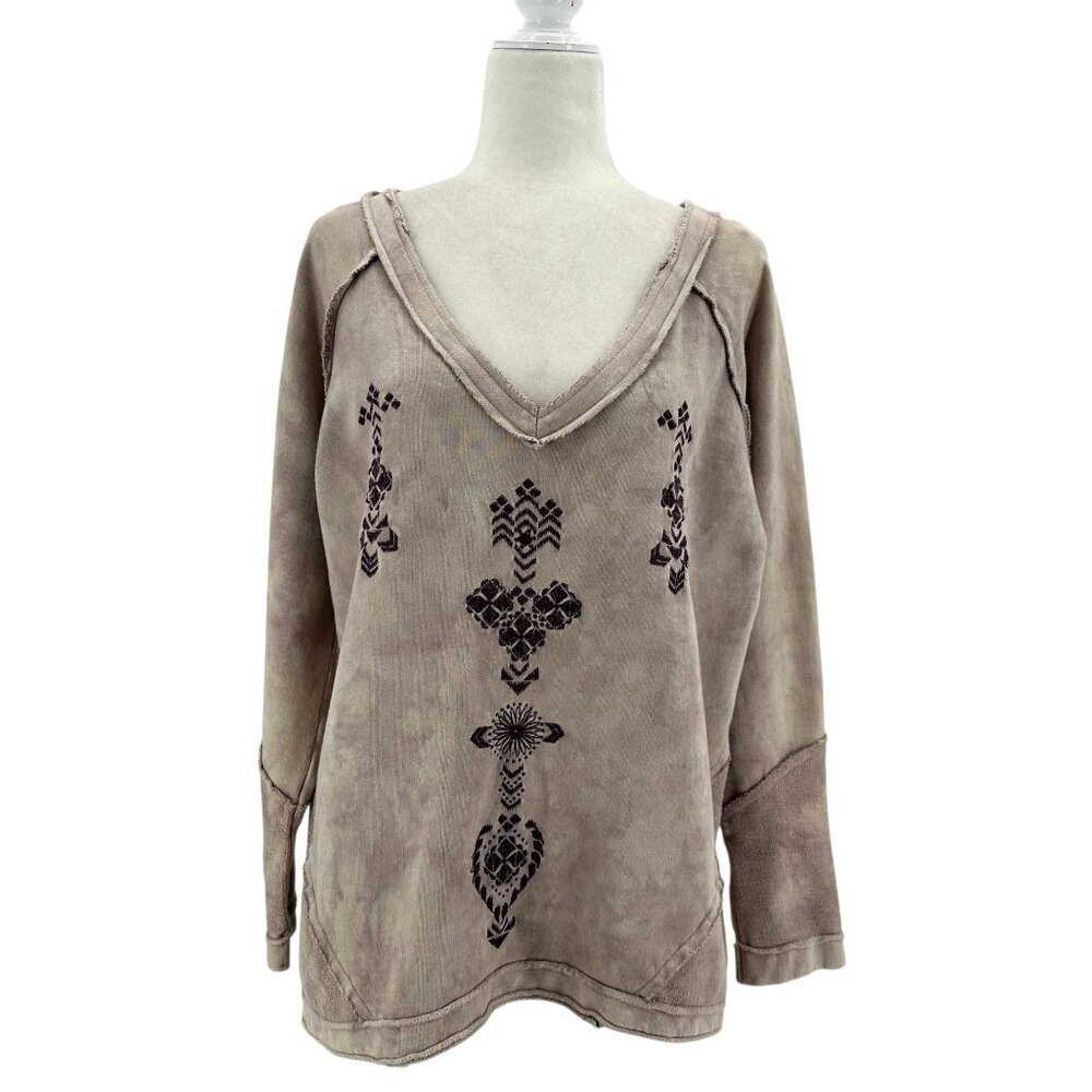 Free People Womens Small Sweatshirt Embroidered Tie Dye Oversized Boho Purple